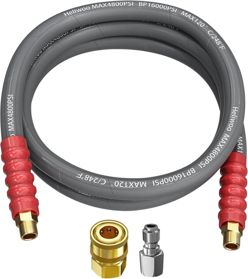Heliwoo Pressure Washer Steel-Braided Jumper Hose, 8FT 3/8'' Quick Connect Adapter Set, 248F Hot Water, 4800 PSI - Image 1